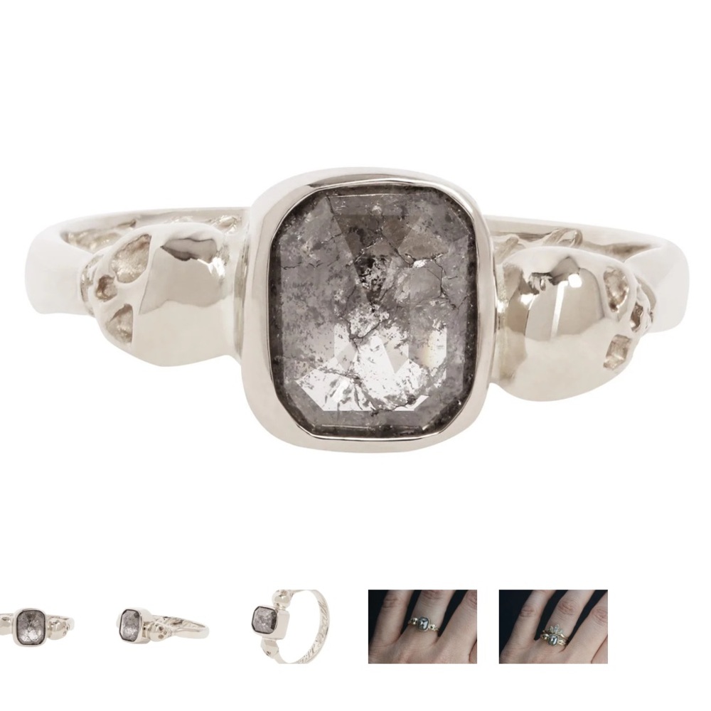 Margaret Cross 14k White Gold Skulls and Salt and Pepper Diamond Ring
